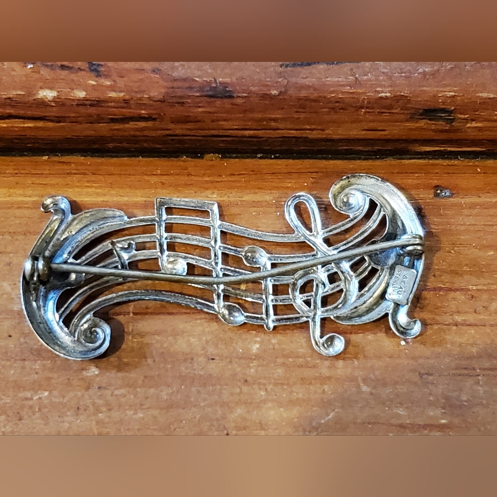 BEAU Sterling Treble Clef Musical Notes Pin Brooch Silver - Picture 4 of 5